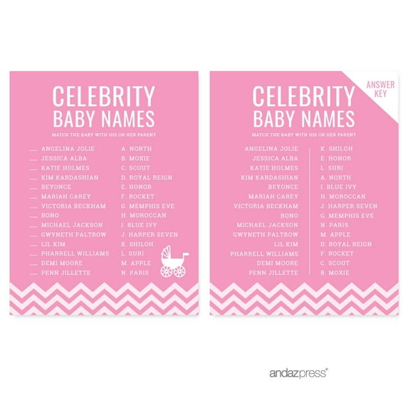 Celebrity Name Game Bubblegum Pink Chevron Baby Shower Games, 20-Pack
