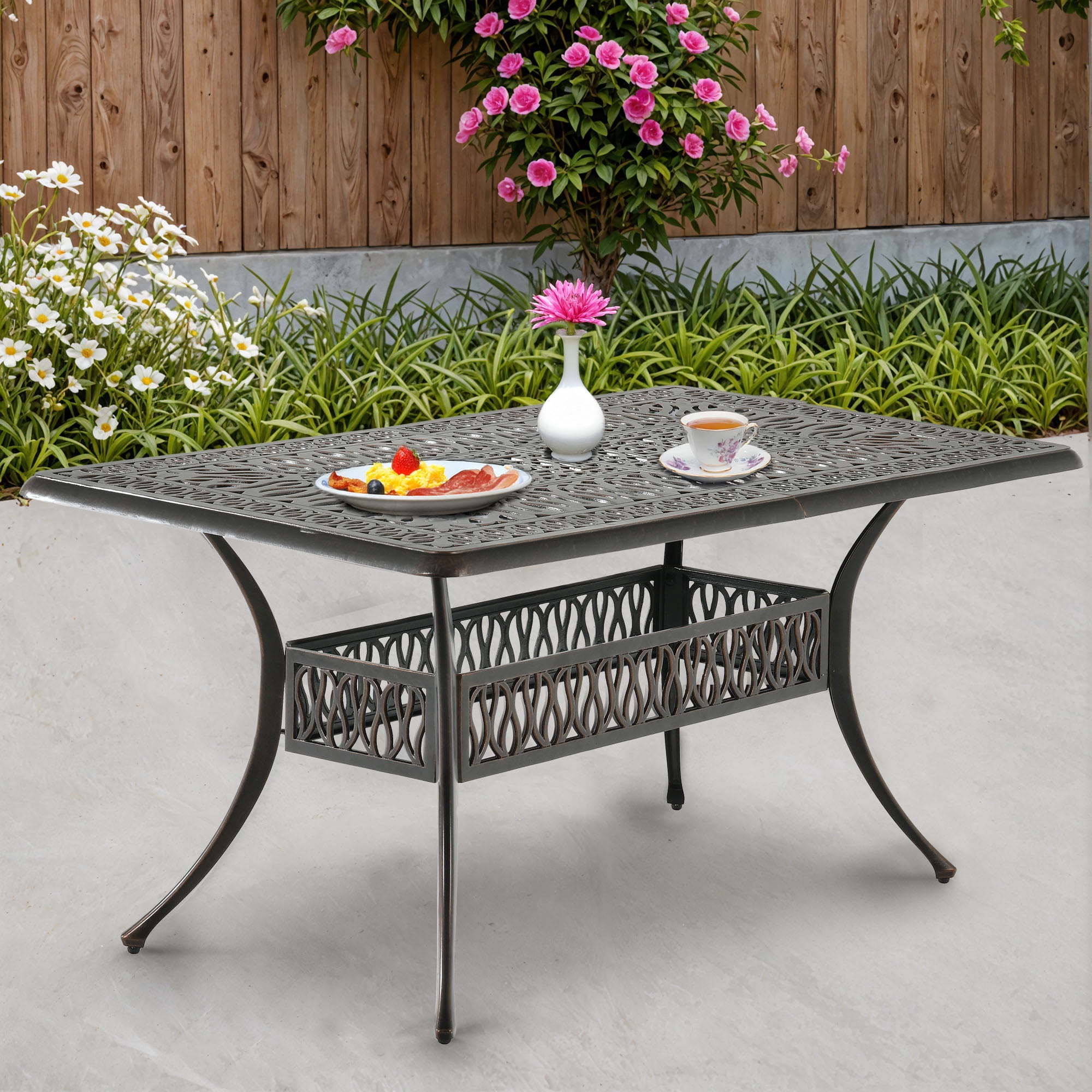 Uforic 6-Person Outdoor Rectangular Cast Aluminum Dining Table with Umbrella Hole, All-Weather Resistance, Black