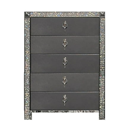 Laine Tall Dresser Chest, 5 Drawers, Crystal Trim, Gray Solid Wood
