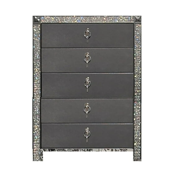 Laine Tall Dresser Chest, 5 Drawers, Crystal Trim, Gray Solid Wood