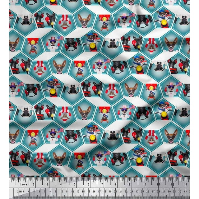 Soimoi Rayon Fabric Geometric & Dogs Patchwork Print Fabric by The Yard 42 Inch Wide
