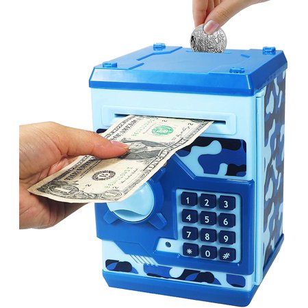 Cargooy Mini ATM Piggy Bank ATM Machine Best Gift for Kids,Electronic Piggy Bank Money Counter Safe Box Coin Bank for Boys Girls Password Lock Case (Camouflage Blue)