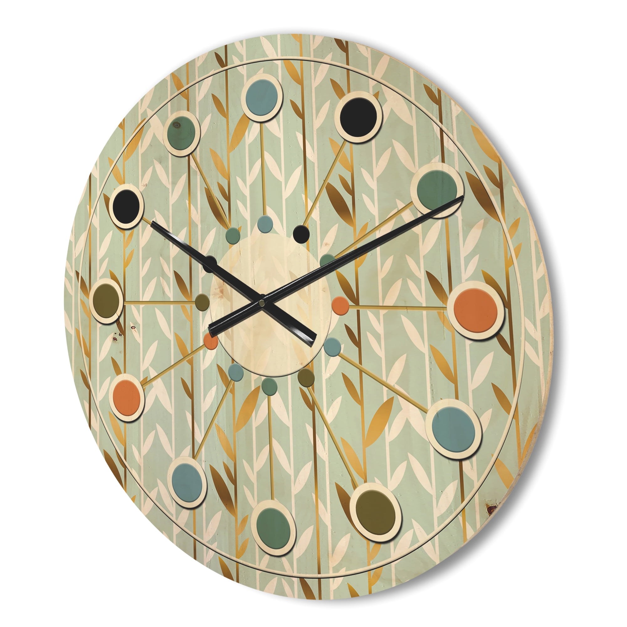 Designart 'Retro Golden Foliage I' Mid-Century Modern Wood Wall Clock