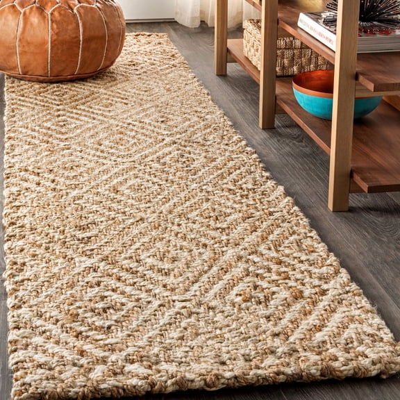 JONATHAN Y NATURAL FIBER 2 x 10 Runner Rug, Hira Hand Woven Diamond Chunky Jute - Natural, NFR100A-210