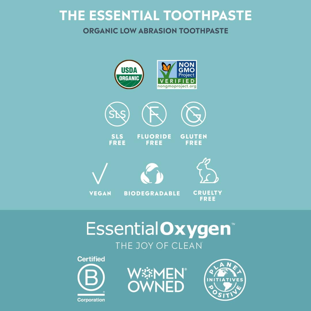 Essential Oxygen Certified Organic Toothpaste, Fluoride-Free, Enamel-Safe, Gentle Whitening, Peppermint, 4 oz, Pack of 3
