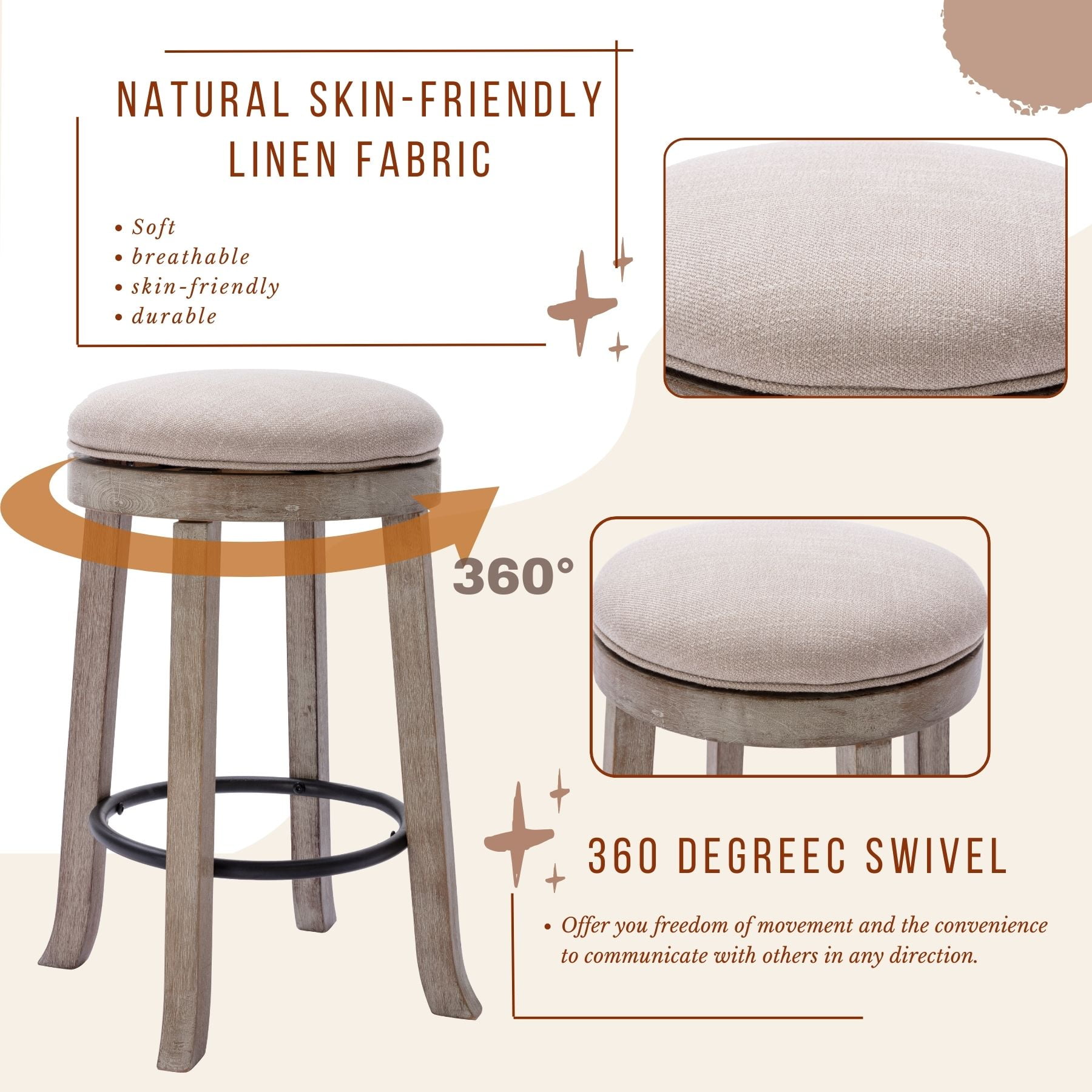 Dayalane Farmhouse 360° Swivel Bar Stools Set of 4, 25.6" Counter Height Round Linen Barstools with Wood Legs and Footrest, Backless Kitchen Island Chairs for Dining Room, Pub, Coffee Bar,Beige