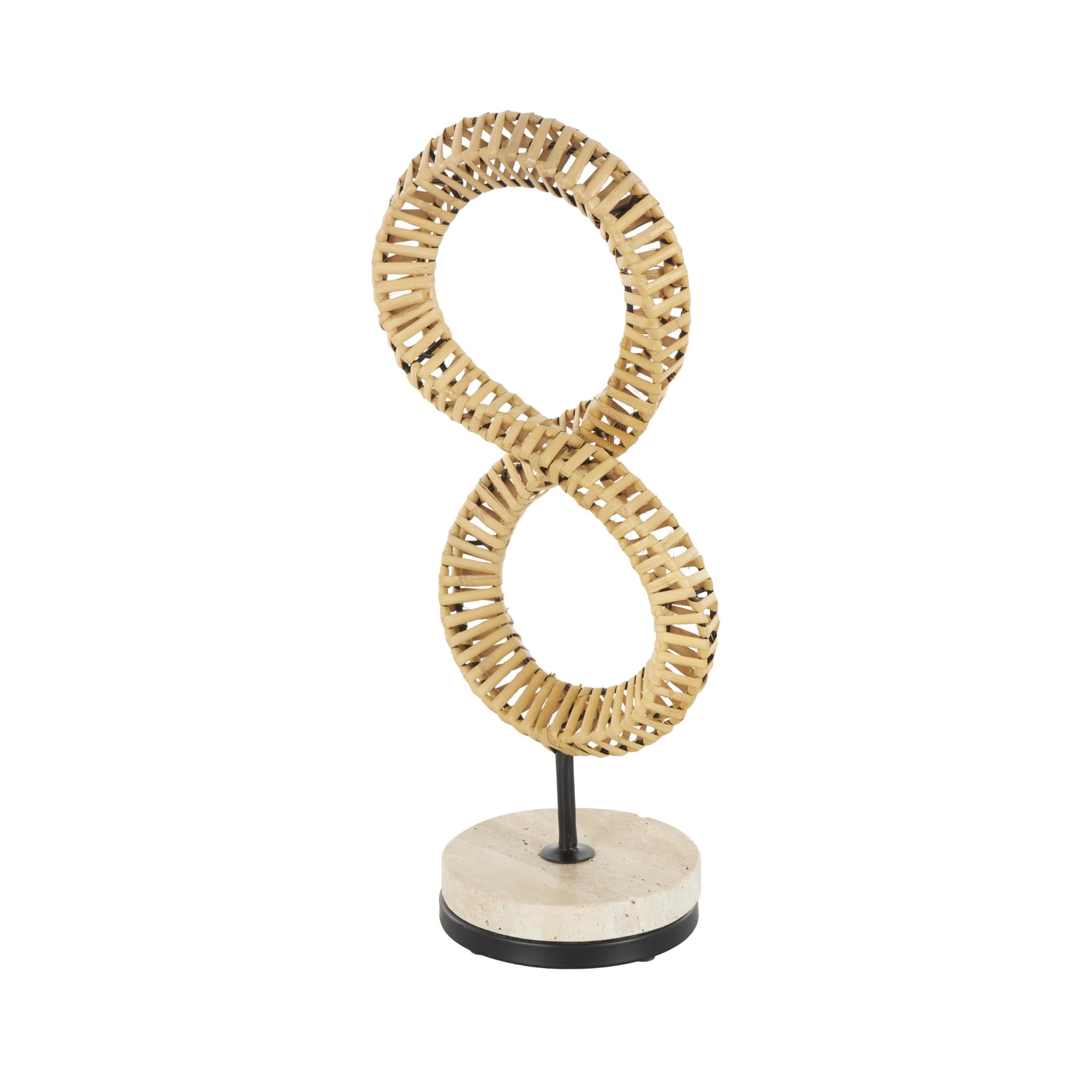 7" x 15" Brown Rattan Handmade Infinity Shaped Abstract Sculpture with White Marble Base, by DecMode
