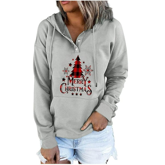 Kcavykas Hauts Grande Taille pour Femmes, Blouse à Manches Longues avec Poche Imprimée de Noël pour Femmes, Chandail Décontracté, Chandails à Capuchon à Boutons