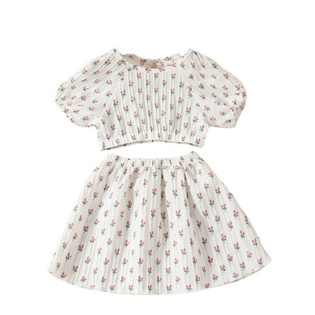 

Girls Summer Clothes Set Crew Neck Crushed Flowers Short Sleeve Top Elastic Waist Short Skirt Summer Birthday Party 2Pc Set Kids Clothes