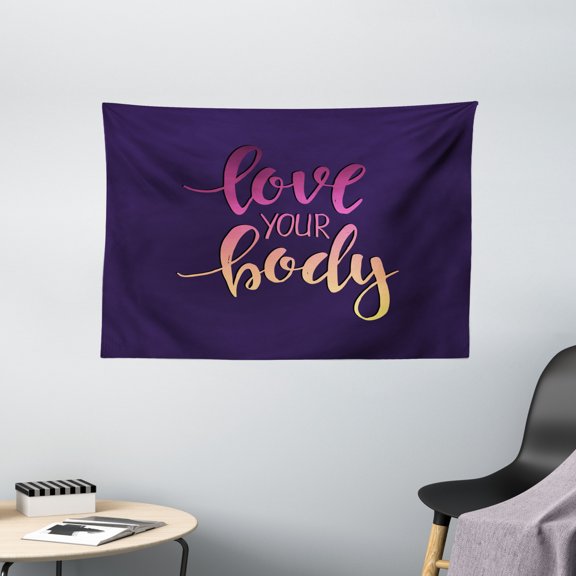 Fitness Tapestry, Love Your Body Hand Drawn Typography Inspirational Positive Attitude, Wall Hanging for Bedroom Living Room Dorm Decor, 60W X 40L Inches, Dark Purple Pink Peach, by Ambesonne
