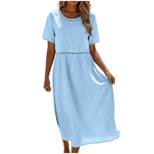 2DXuixsh Robe Maxi d'Été Ample et Fluide pour Femme, Ajourée, Col Rond, Couleur Unie, Manches Courtes, Vacances, avec Poches