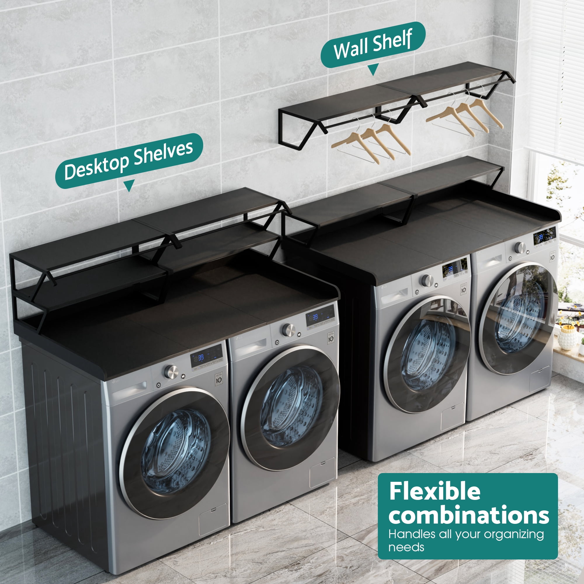 Advwin 54" Washer Dryer Countertop with Hanging Rod & Storage Shelves, Laundry Room Countertop Set, Washer and Dryer Topper with Anti-Slip Pads, Black
