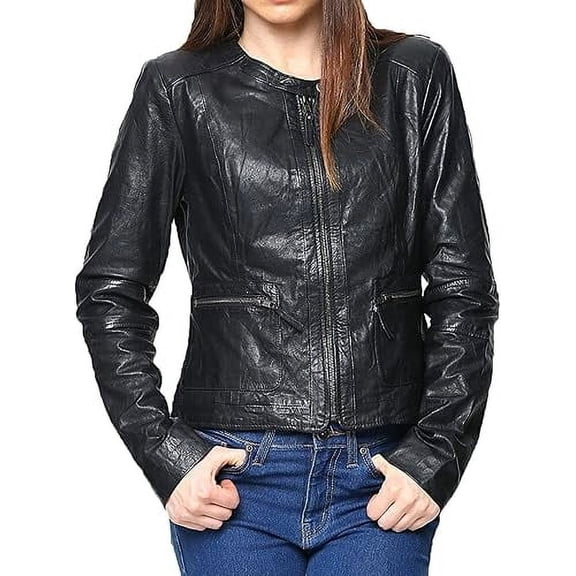 Womens Genuine Lambskin Leather Jacket Motorcycle Biker Leather Black Jacket W544