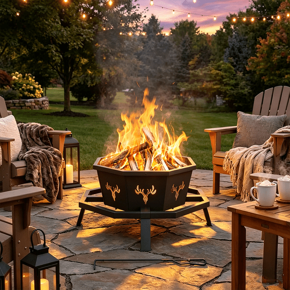 Frmobepts Octagon Wood Fire Pit, 35" Metal Outdoor Firepit for Patio Party Black