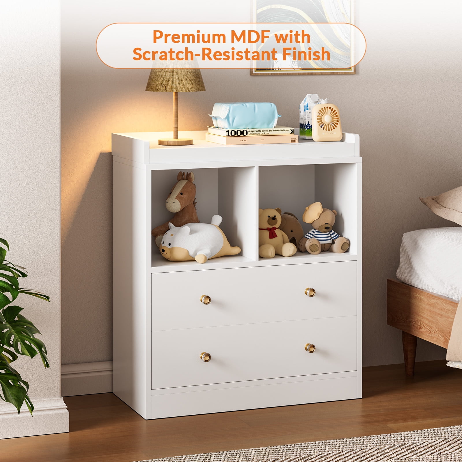 Roromall Changing Table with Pad, 2 Drawers and 2 Open Compartments for Nursery Room with Modern Diaper Changing Station, Bedroom