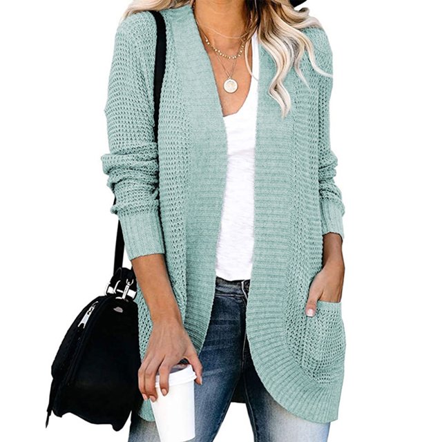 Cárdigan manga larga bolsillo color puro moda casual dobladillo curvado tops para mujer