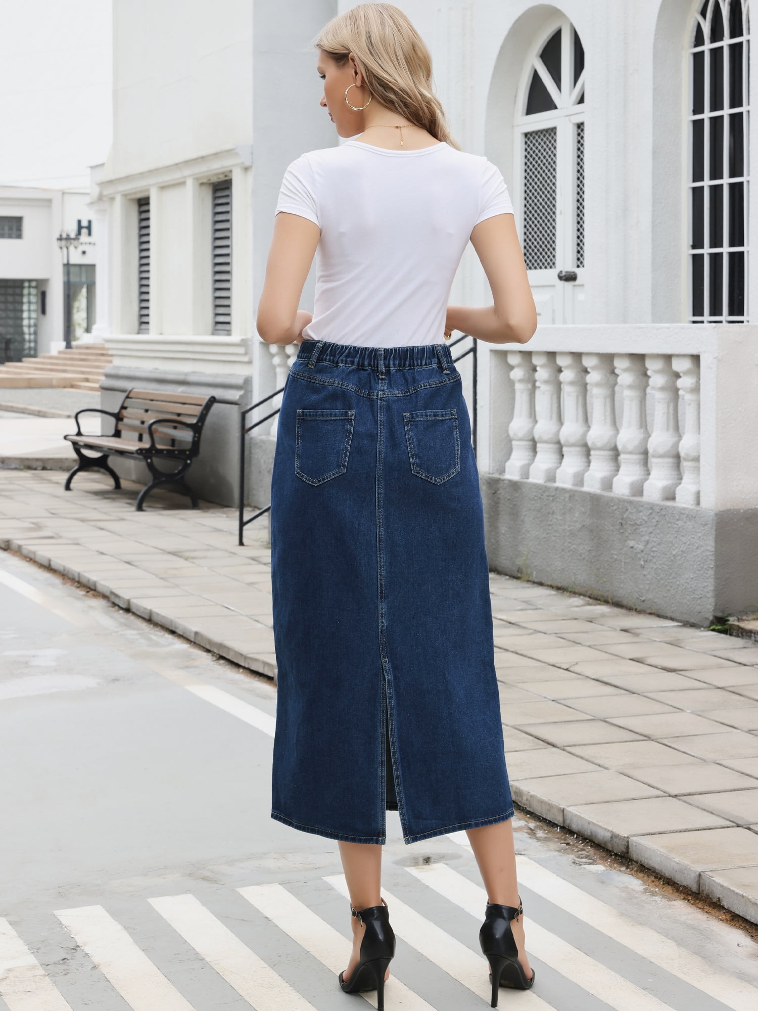 DARING DIVA Women's Casual Midi Length Split Back High Waist Long Jean Skirts XL Dark Blue