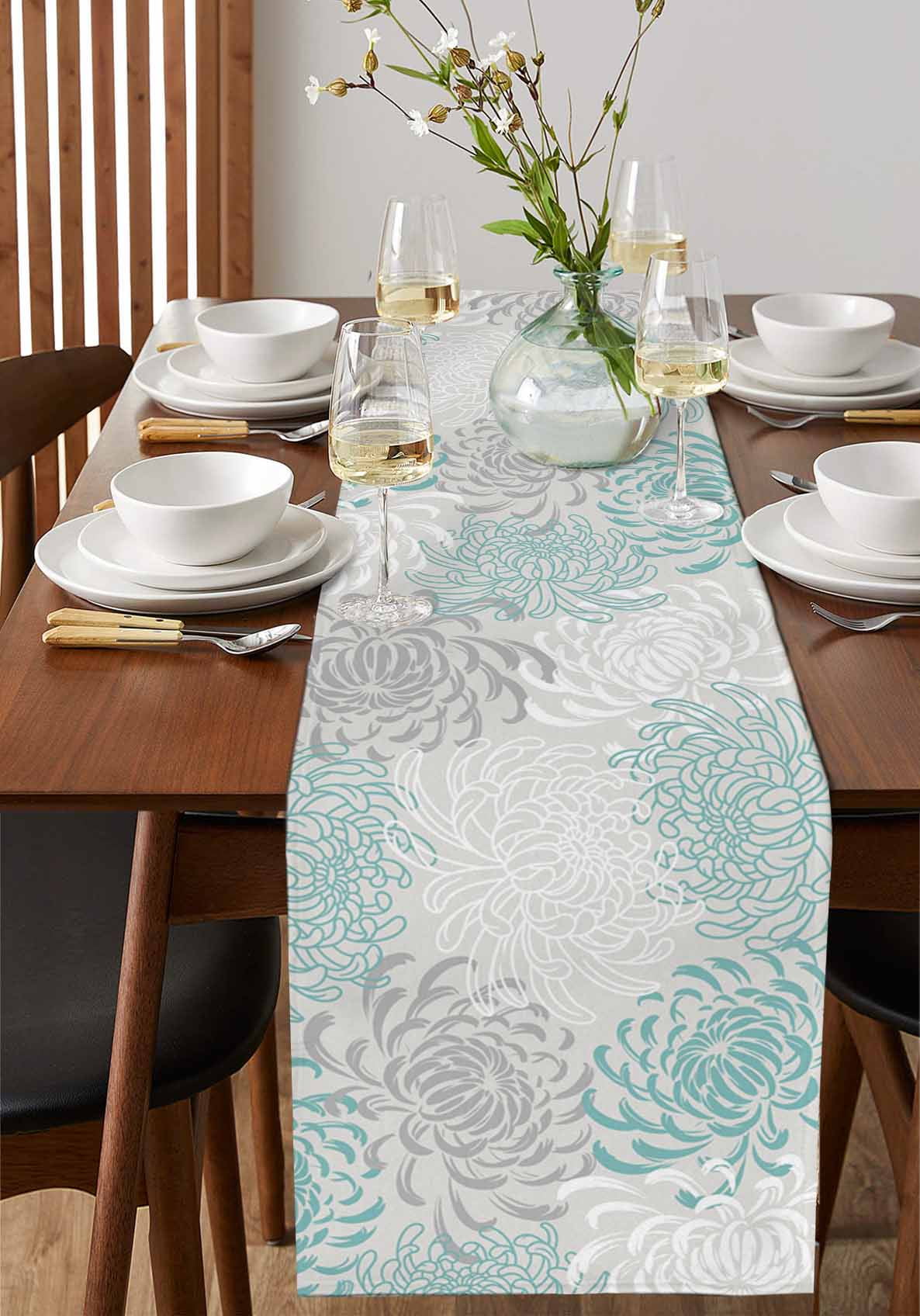 Table Runners 48 Inches Long Dress Scarves, Aqua White Farmhouse Kitchen/Dining Table Runner, Short Coffee Tablerunners, Abstract Grey Chrysanthemum Flower Floral 13x48 Inch