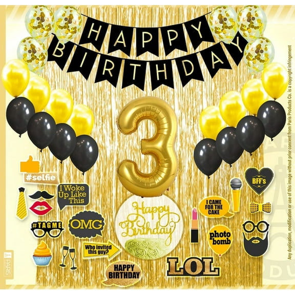 3rd Birthday Decoration Black and Gold for Boy & Girl, 3rd Cake Topper, 3rd Party Supplies for Her and Him, 3rd Birthday Photo Props