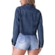thumbnail image 3 of Chaqueta de mezclilla recortada de mujer de manga larga con dobladillo deshilachado Inspire Chic L Azul, 3 of 5