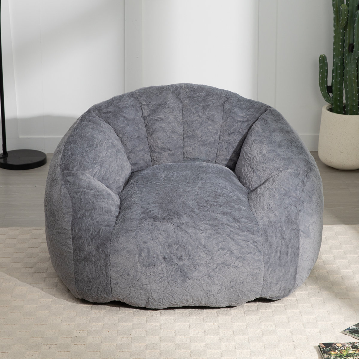 Ebenchico 3.9ft Bean Bag Chair for Adults Teens Kids, Shell Shape Faux Fur Beanbag Chairs, Memory Foam Filled Floor Chair for Reading, Gaming, Relaxing(Dark Gray)