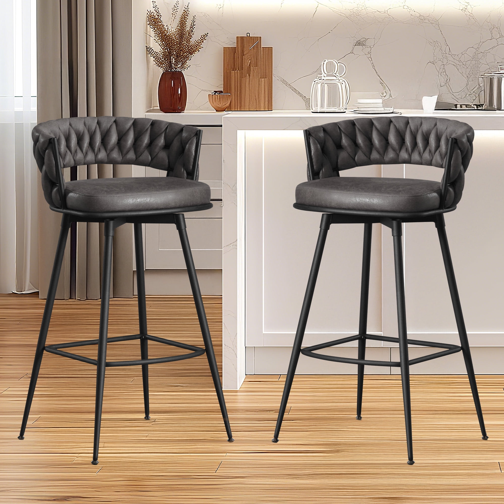 MYFUNT Bar Stools Set of 2, 26" Counter Height Stools, 180° Swivel Woven Back Barstools with Metal Footrest, Modern Bar Stools for Kitchen Island, Cafe, Pub, Blackgray