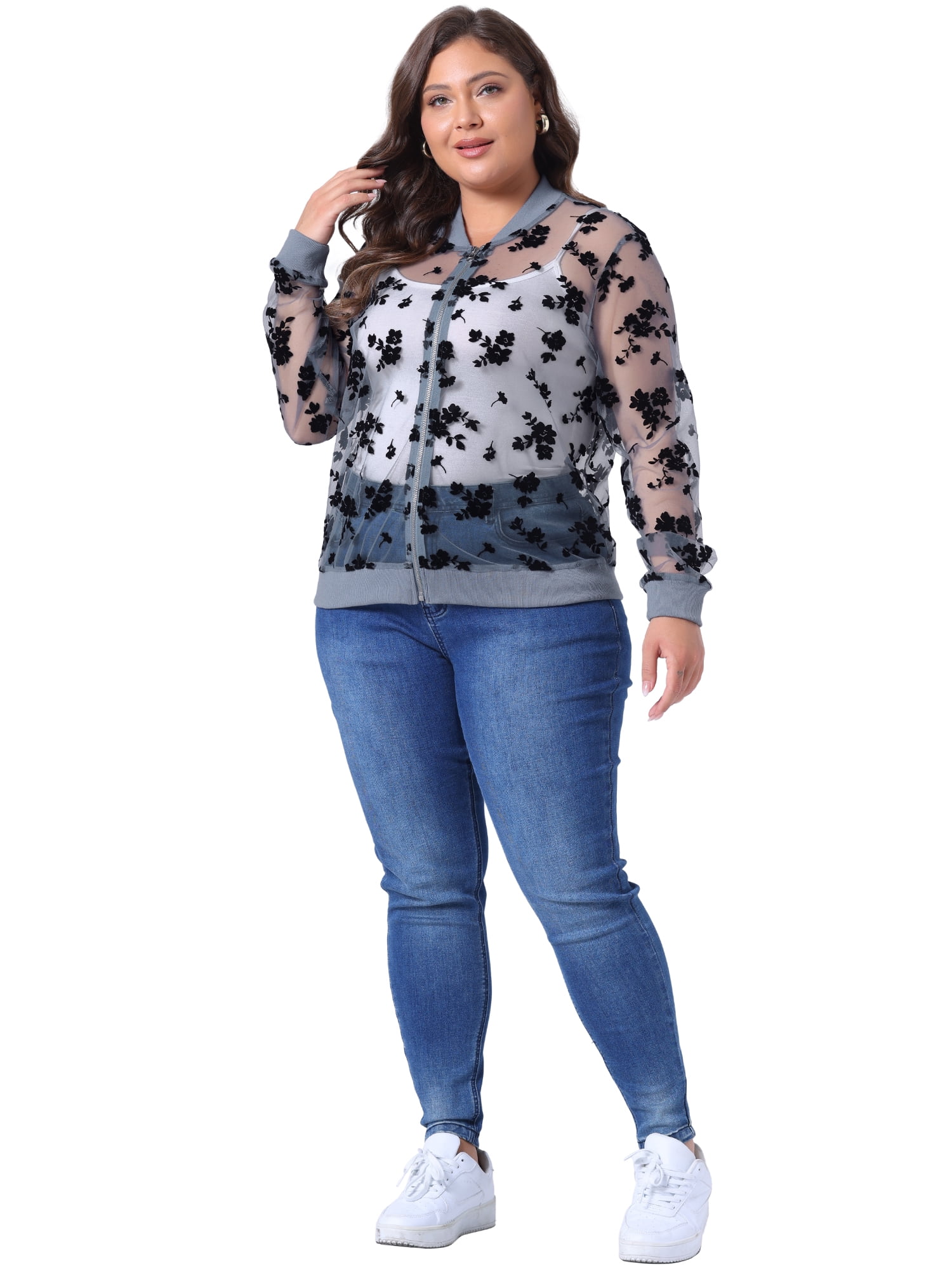 DARING DIVA Plus Size Mesh Sheer Floral Long Sleeve Bomber Jacket 1X Gray Blue