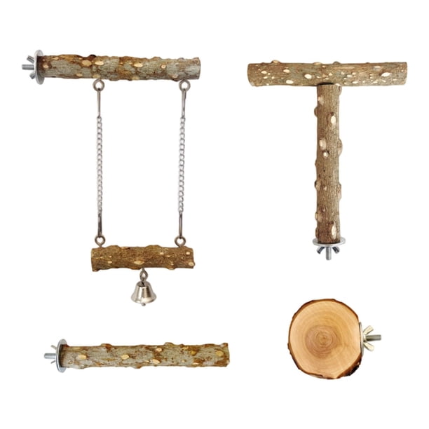 Jaula para loros, percha colgante, 4 piezas, de madera, resistente, fácil de instalar, palo para masticar, juguete para pájaros, percha para agapornis