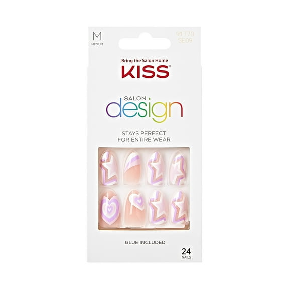 KISS Salon Design Press on Nails, All 4 Me, Purple, Medium Almond, 24 Count