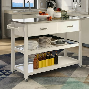 Llinc Store Stainless Steel Table Top White Kitchen Cart 2 Open Shelf Serving Cart with 2 Drawers for Kitchen, Dining Room