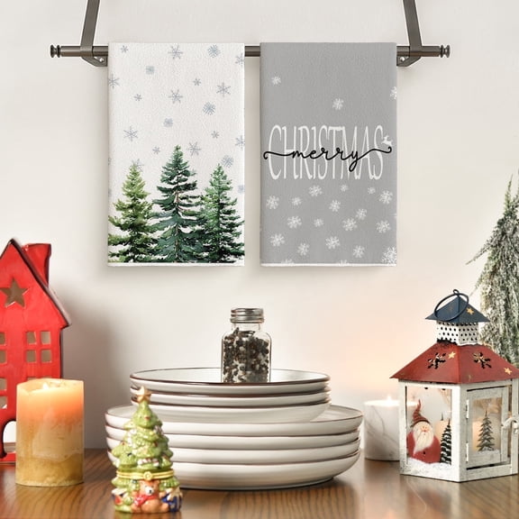 Sm:)e Snowflakes Christmas Kitchen Towels Dish Towels, 18x26 Inch Winter Pine Trees Decoration Hand Towels Set of 2