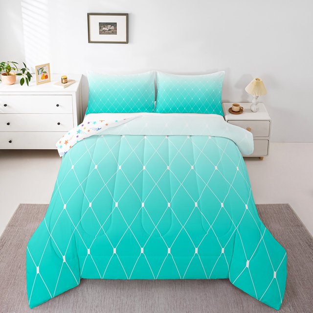 Erosebridal Cyan Ombre Bedding Comforter Set, Geometry Rhombus Down Comforter, Buffalo Room Decor, Reversible 2 Pieces
