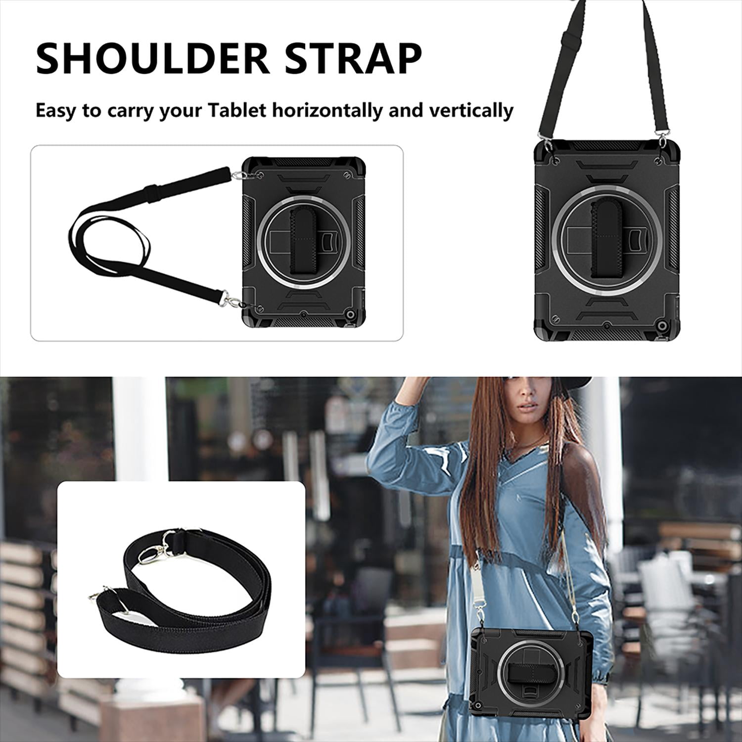 Shockproof Case for Apple iPad 6th 5th Generation, with Pencil Holder Military Grade Protection Rotating Stand Hand Strap Shoulder Strap Bumper Rugged Case for iPad 6th 5th Gen 9.7", Black
