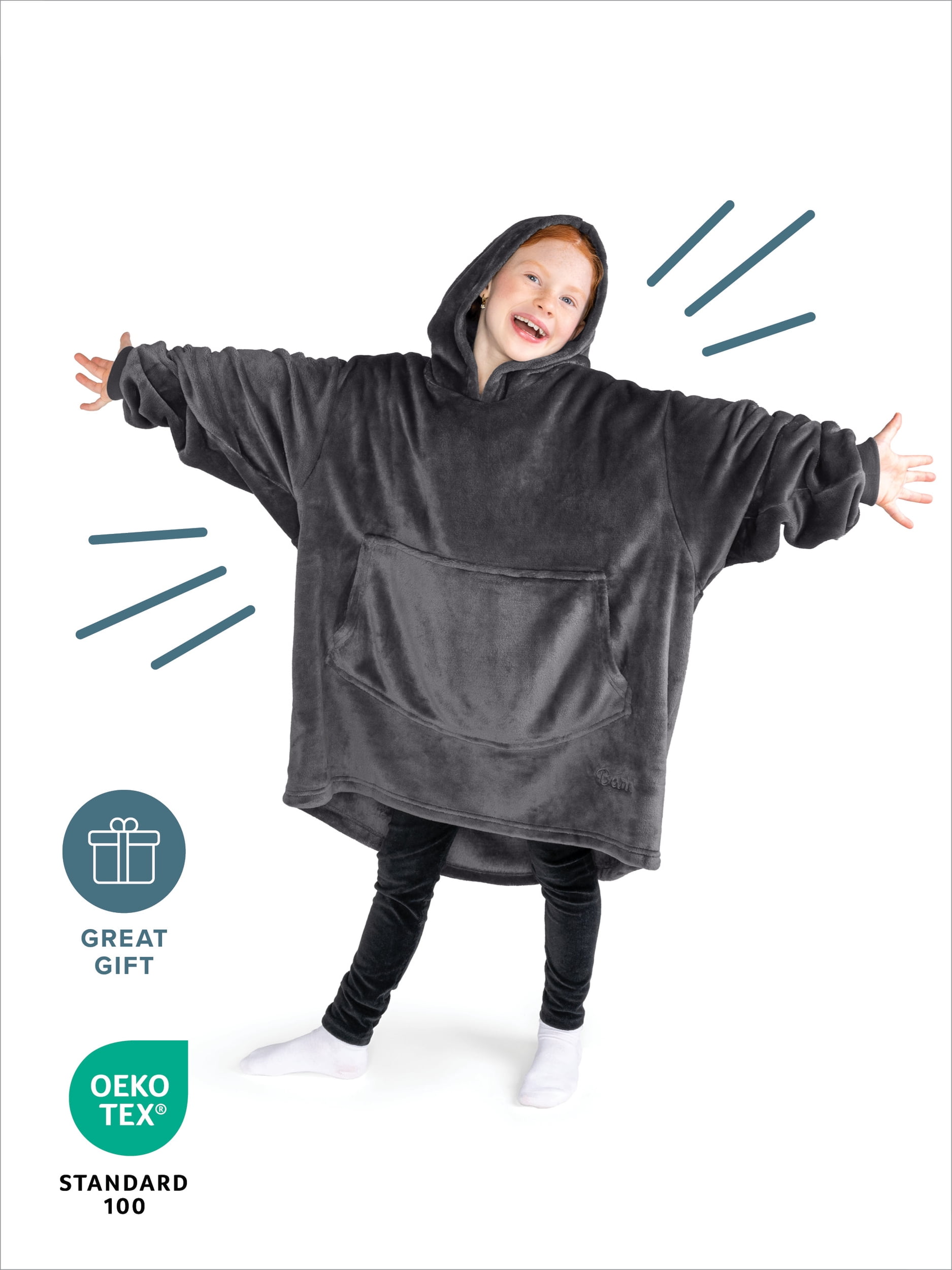 Bare Homey Kids Size Microplush Wearable Blanket, Round Trapezoid Pocket, Forged Iron Gray