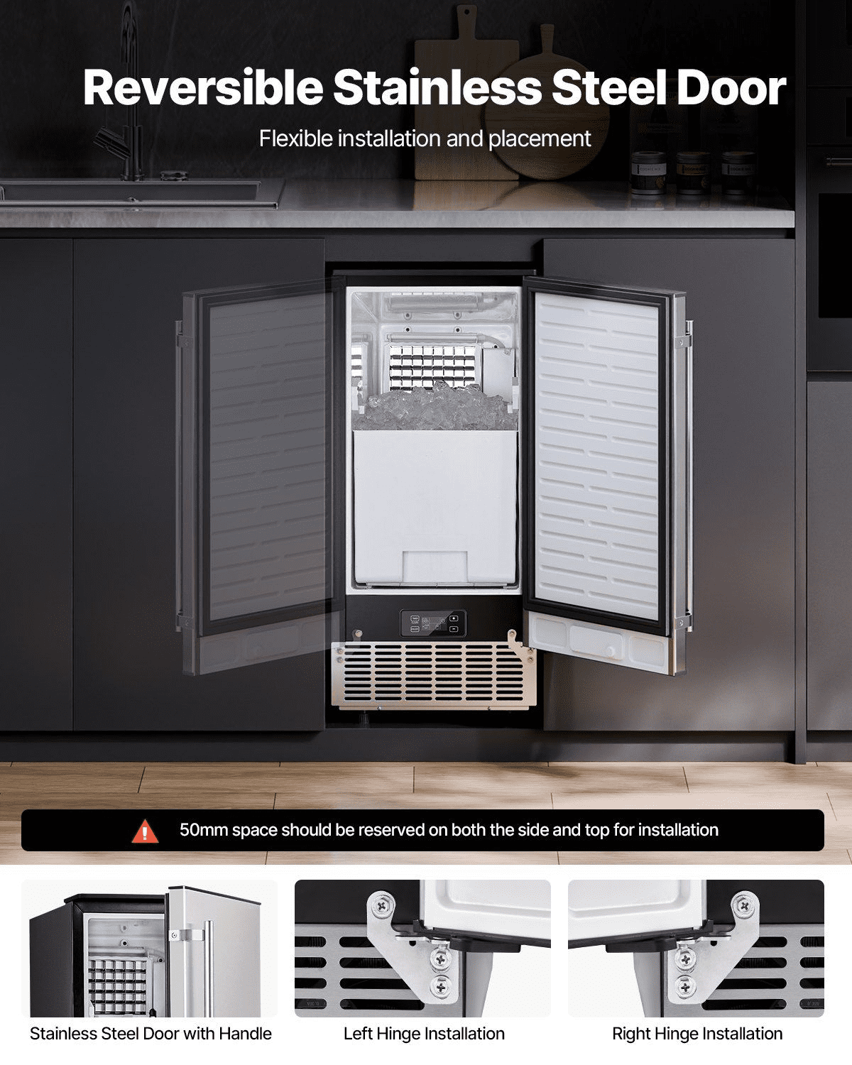 Undercounter Ice Maker 80 Lbs/Day, Built-in Stainless Steel Ice Machine, Freestanding Ice Maker for Home Kitchen & Commercial Use, Electric Drain Compatible