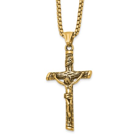 Diamond2Deal Stainless Steel Antiqued and Polished Yellow IP-plated INRI Crucifix Pendant on a Box Chain Necklace for Men 22"