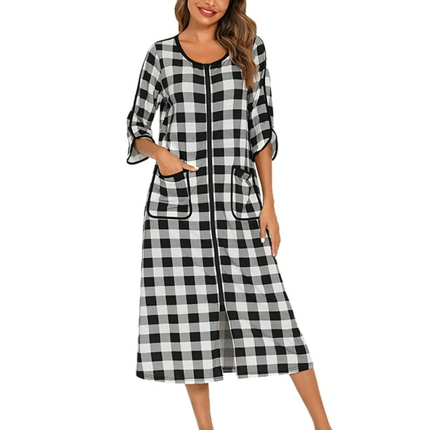 Minnieouse Camisones de mujer Batas con cremallera de casa de verano Albornoz con bolsillos Hogar Hotel Dormitorio Ropa de dormir Mujer Damas Pijama Tartán Minnieouse AP016562-03