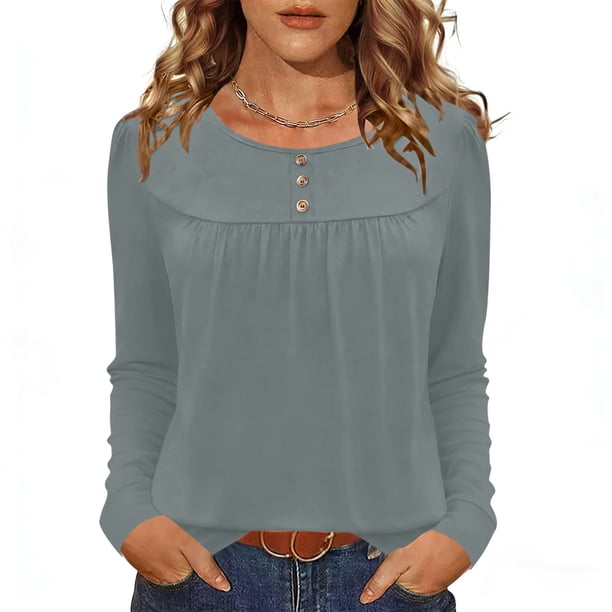 Camisas de Manga Corta para las Mujeres Casual Color Sólido Blusas Plisadas, Moda Cuello Redondo Tops de Verano para la Fiesta