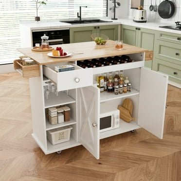 44 Inch Kitchen Island with Storage, Rolling Kitchen Island on Wheels with Drop Leaf,Spice Rack Shelf, Door Cabinet, Drawer, Kitchen Cart Island Table for Kitchen