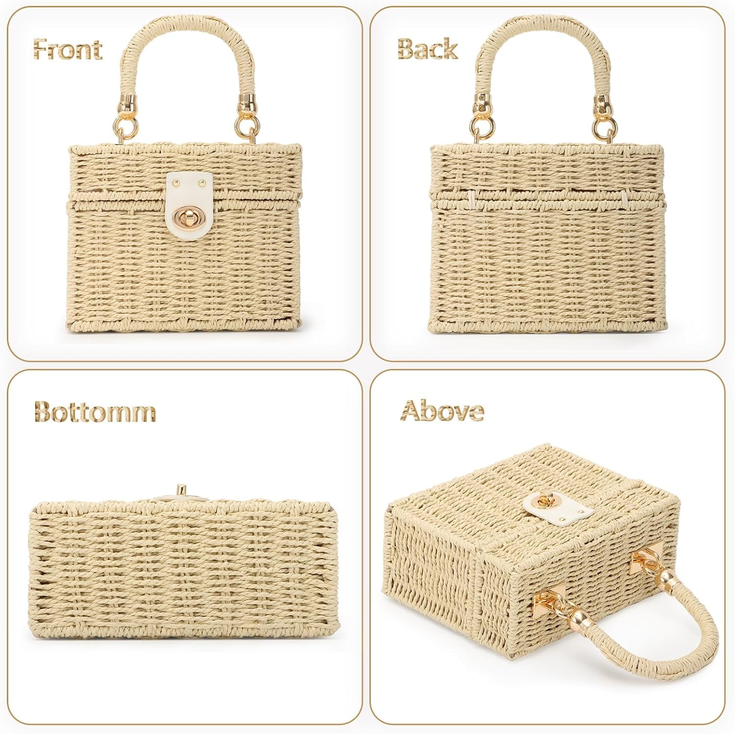 Women Handwoven Rattan Handbag Beach Straw Tote Bag Square Boho Crossbody Bag
