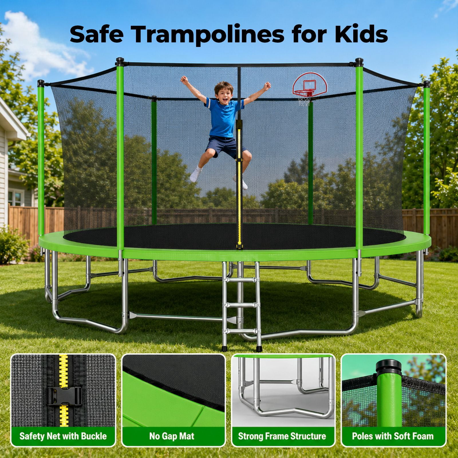Alvantor 16Ft Trampoline for Kids & Adults, Upgrad Trampolines with Enclosure Net and Basketball Hoop for Backyard Green