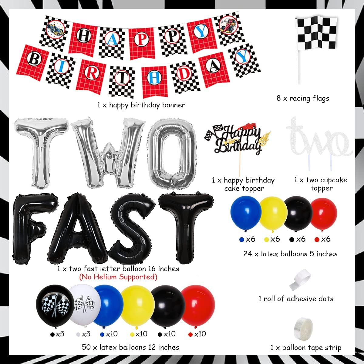 Due decorazioni di compleanno veloci Boy Vintage - Kit ghirlanda di palloncini con due sfondi veloci, palloncini in lamina a scacchi, forniture per feste di compleanno retrò Let's Go Racing