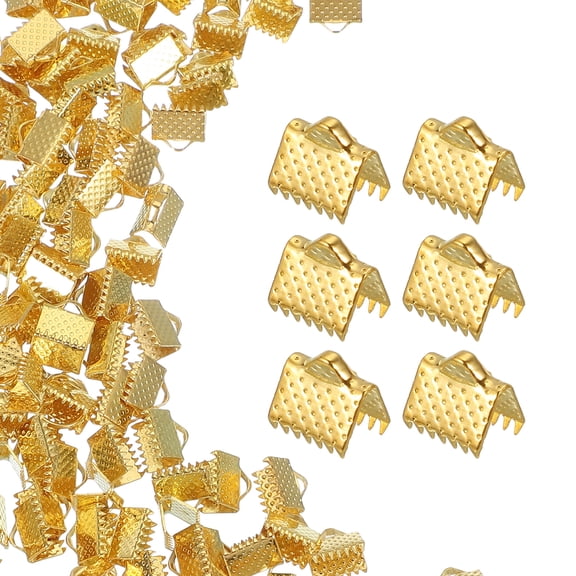 200Pcs Ribbon Ends, 8mm Ribbon Crimp Clamp End Bookmark Leather Pinch Crimps Cord Ends, Foldable Clasps Crimp End for Necklace Bracelet DIY Craft Making, Gold