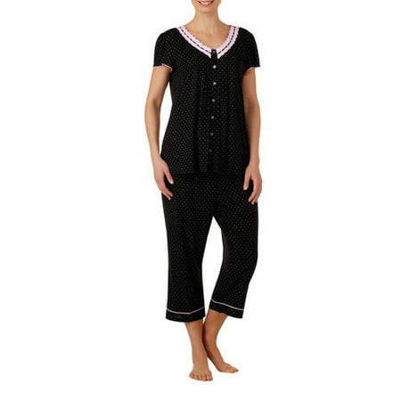 Women's and Women's Plus Traditional Pajama Short Sleeve V-Neck Top and Capri Pant 2 Piece Sleepwear Set