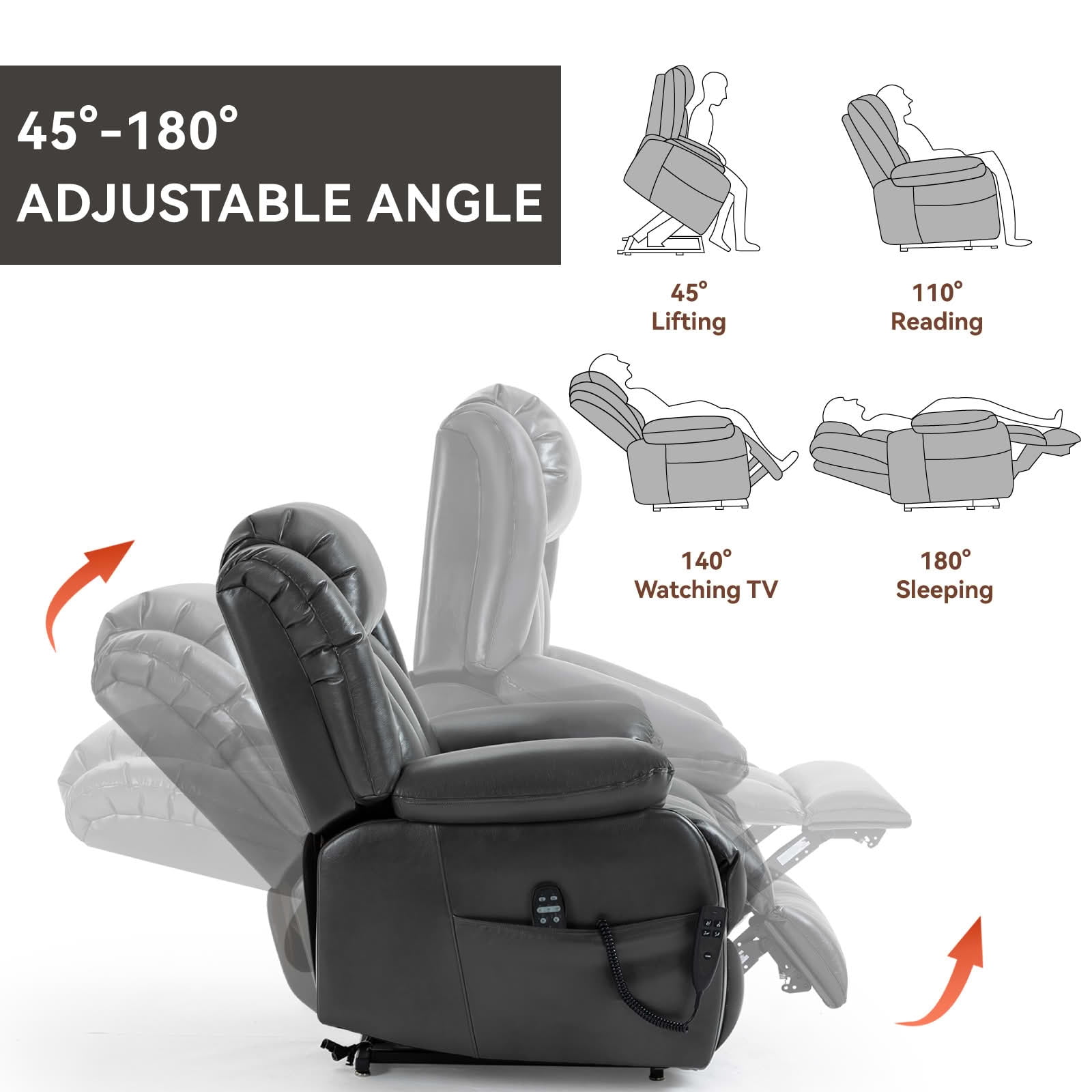 MAYEERTY Grey Dual Motor Power Lift Recliner, 350lbs 8-Point Massage Heat 180° 36"x40"x43" for Elderly