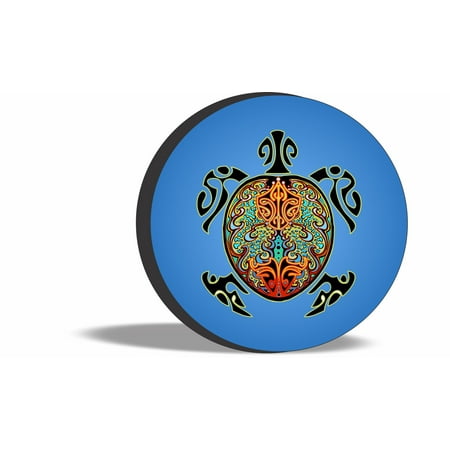 TIRE COVER CENTRAL Turtle tribal multi color graphic with blue background spare Tire Cover for 215/75R14 fits camper jeep rv scamp trailer(drop down size menu-all sizes available)