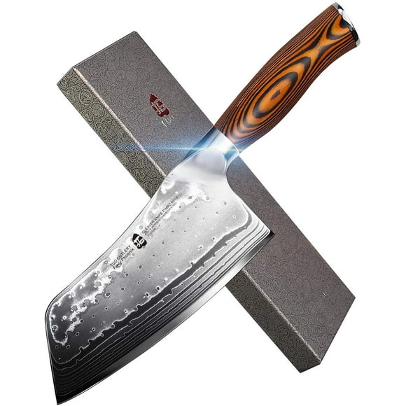 TUO Cutlery Couteau Couperet - Acier Japonais AUS-10 45 Couches - Couteau de Chef Chinois avec Motif Damas Rose - Couperet pour Viande et Légumes avec Manche Ergonomique en Pakkawood - 7 Pouces - Fiery Phoenix