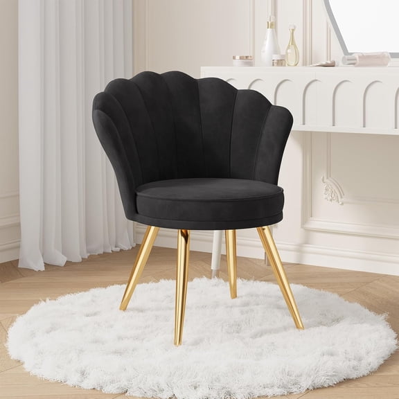 Velvet Accent Chair with Gold Metal Legs, Vanity Chair for Makeup Room, Upholstered Guest Chair for Living Room, Side-Chair for Bedroom, Black
