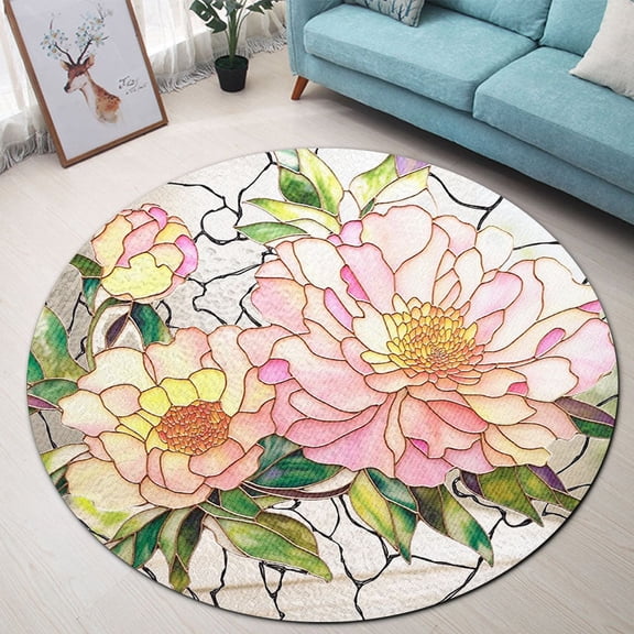 Round Area Rug, Peony Non-Slip Floor Mat, Soft Washable Carpet for Living Room Bedroom Decor 24 Inch