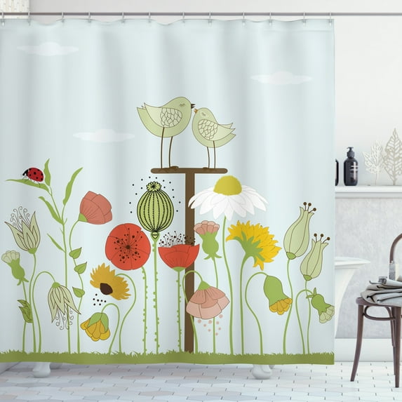 Garden Art Shower Curtain, Artistic Sketch Botanical Art with Various Types of Flowers and Kissing Birds, Fabric Bathroom Set with Hooks, 69W X 70L Inches, Multicolor, by Ambesonne